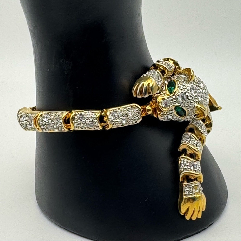 Vintage Articulated Tiger Flexible Bracelet Rhinestone Panther Runway Statement